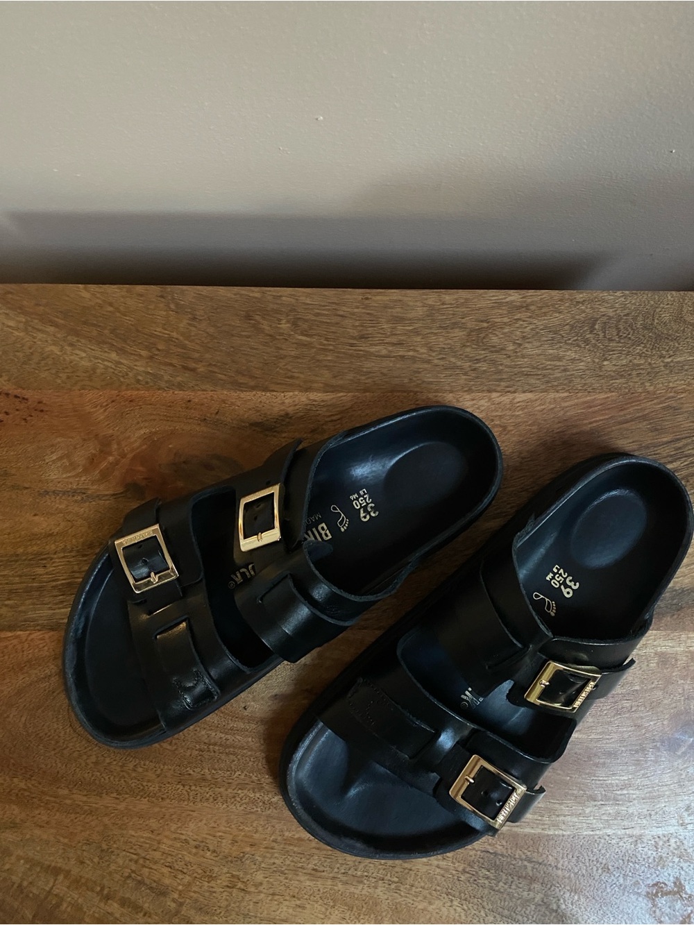 Birkenstock St Barths Black Leather Double Two-Strap Sandals with Gold Buckles - Picture 12 of 16
